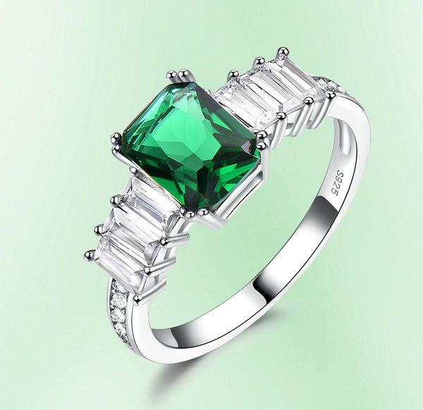 Rectangular Emerald Green Cubic Zirconia Three Side Stones Sterling Silver Ring