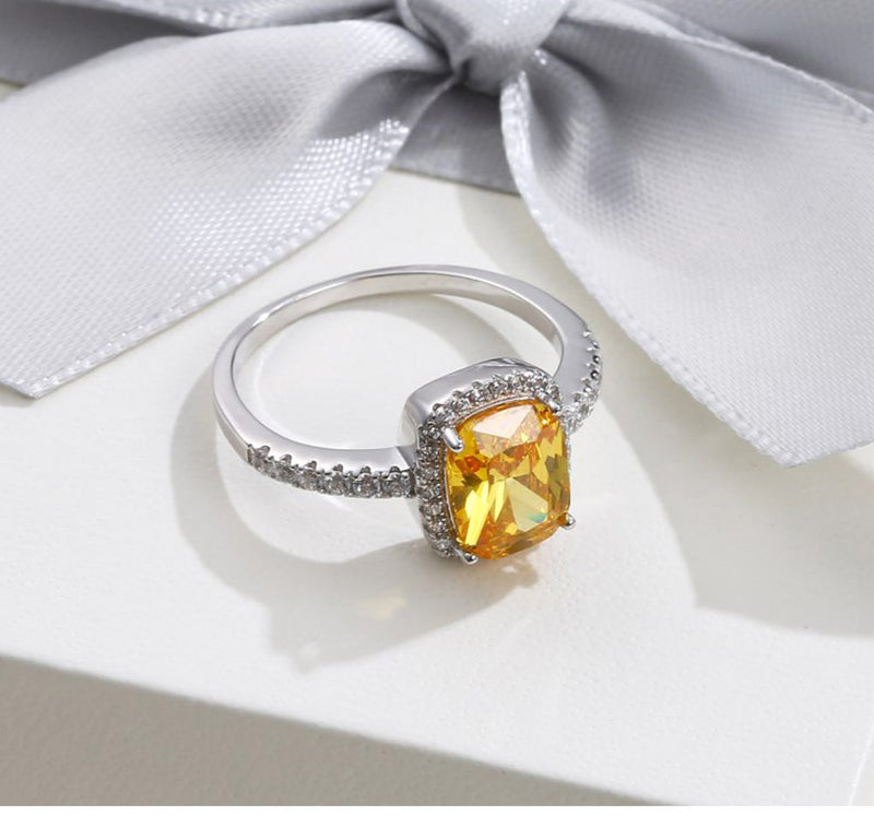 Classic Cushion Yellow Sapphire Cubic Zirconia, Sterling Silver Halo Ring