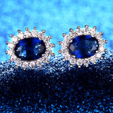 Sapphire Blue Oval Cubic Zirconia Sterling Silver Earrings