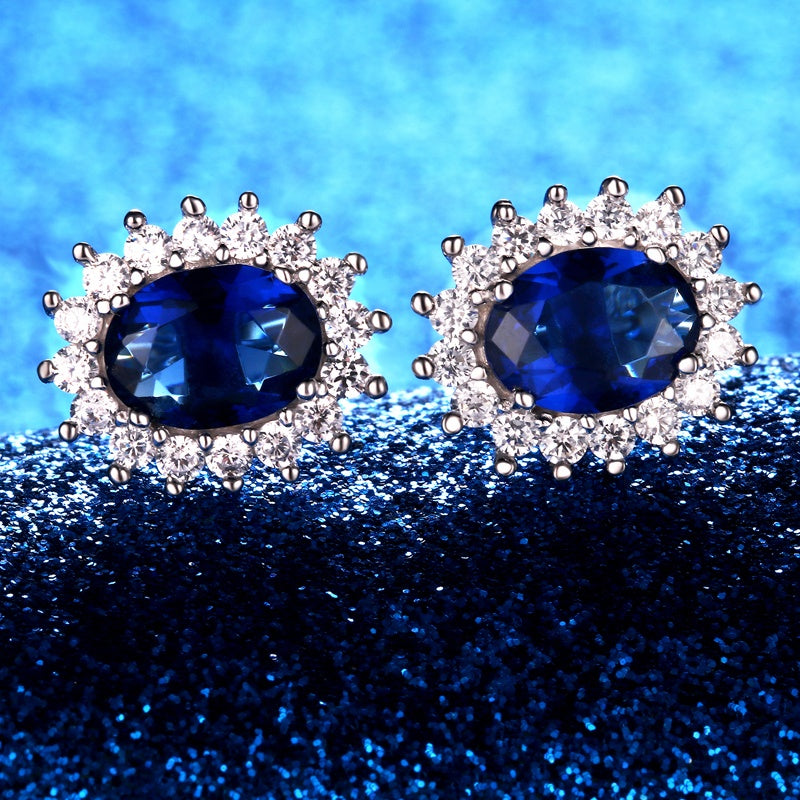 Sapphire Blue Oval Cubic Zirconia Sterling Silver Earrings