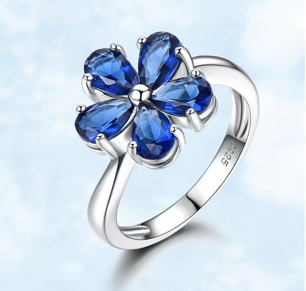 Pear Shape Sapphire Blue Cubic Zirconia Floral Sterling Silver Ring