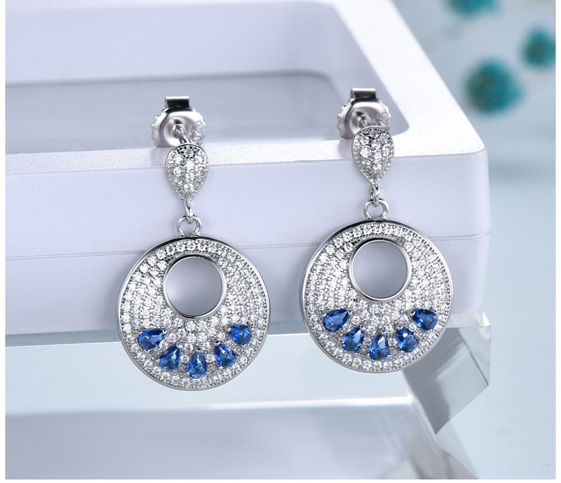 Circular Sapphire Blue Cubic Zirconia Sterling Silver Earrings