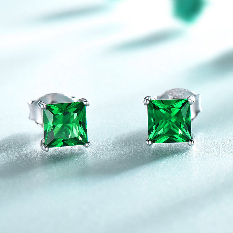 Square Emerald Green Cubic Zirconia Sterling Silver Stud Earrings