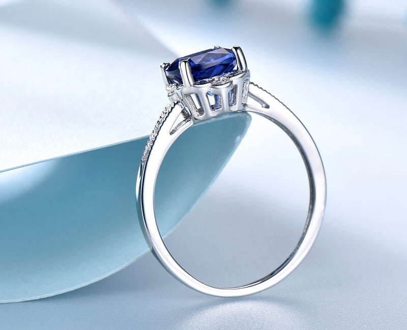 Cushion 7MM Sapphire Blue Cubic Zirconia Antique Floral Sterling Silver Ring