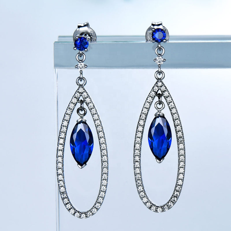 Dangling Round and Marquise Blue Cubic Zirconia Sterling Silver Earrings