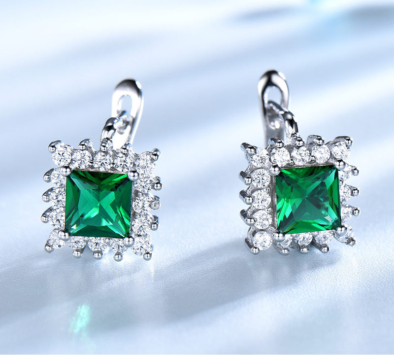 Square Emerald Green Cubic Zirconia Sterling Silver Earrings