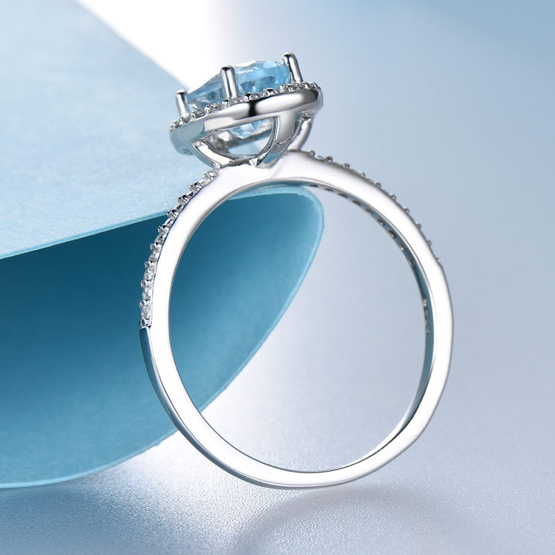 Oval 6 x 8 Aquamarine Blue Cubic Zirconia Sterling Silver Halo Ring