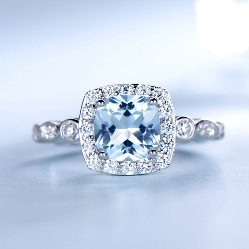 Cushion 7 x 7 Aquamarine Sky Blue Cubic Zirconia Sterling Silver Ring