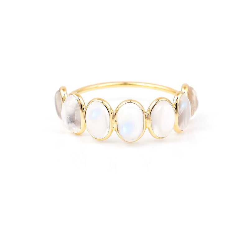 Rainbow Moonstone Oval Cabochon 7 Stone Band, Yellow Gold