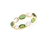 Rainbow Moonstone and Green Tourmaline Round Cabochon Band, Yellow Gold