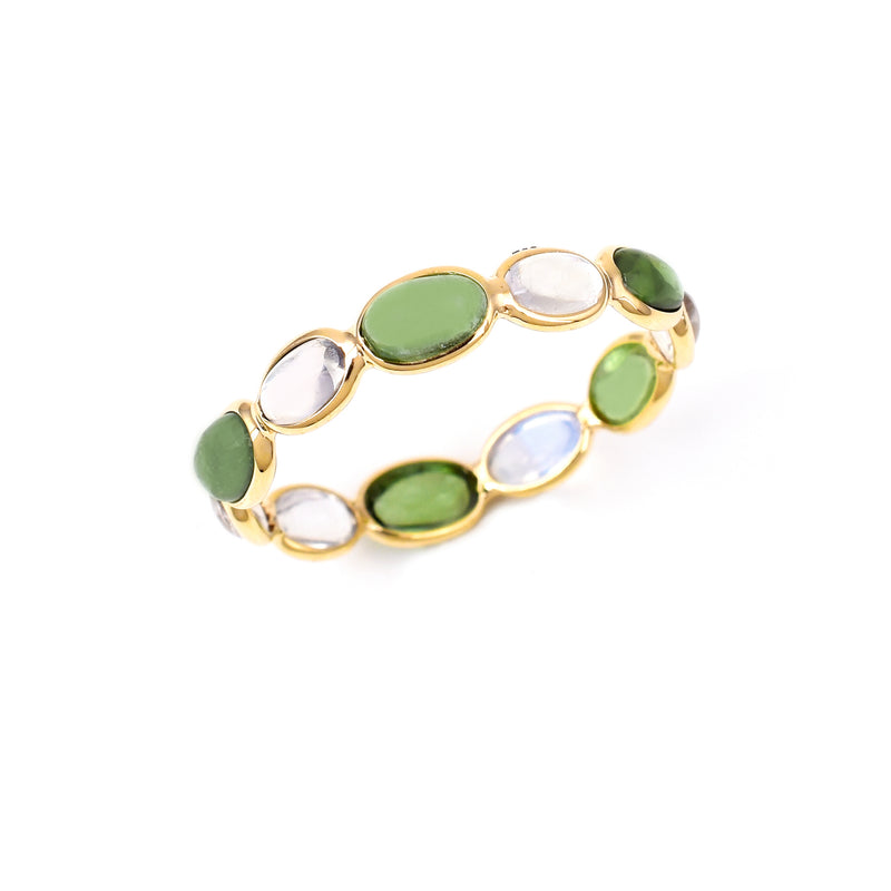 Rainbow Moonstone and Green Tourmaline Round Cabochon Band, Yellow Gold