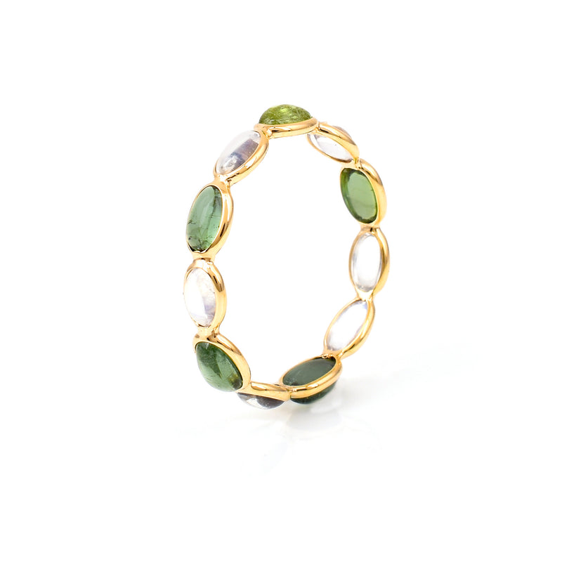 Rainbow Moonstone and Green Tourmaline Round Cabochon Band, Yellow Gold