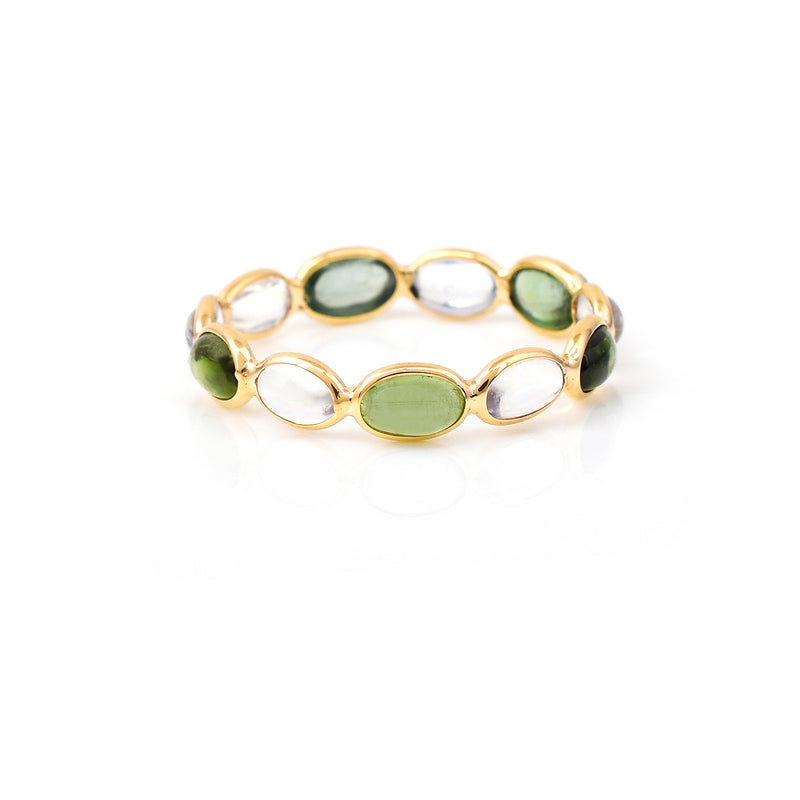 Rainbow Moonstone and Green Tourmaline Round Cabochon Band, Yellow Gold