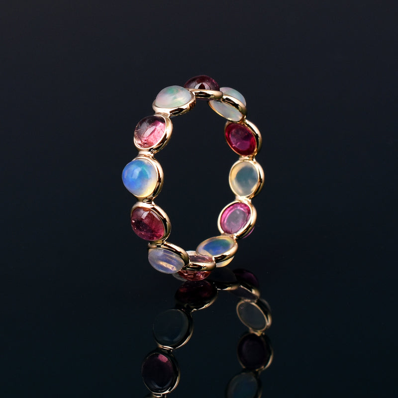 Opal and Pink Tourmaline Round Cabochon Band, Yellow Gold