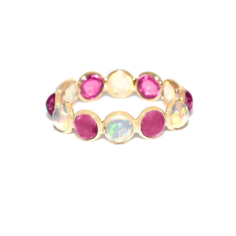 Opal and Pink Tourmaline Round Cabochon Band, Yellow Gold