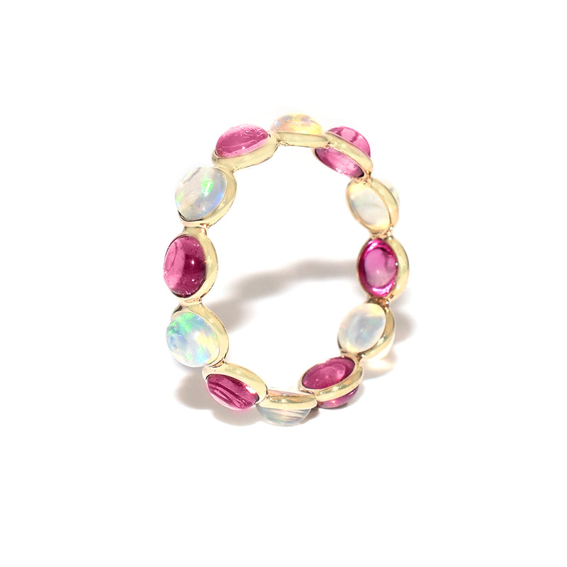 Opal and Pink Tourmaline Round Cabochon Band, Yellow Gold