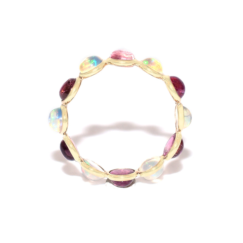 Opal and Pink Tourmaline Round Cabochon Band, Yellow Gold