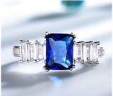 Rectangular Sapphire Blue Cubic Zirconia Three Side Stones Sterling Silver Ring