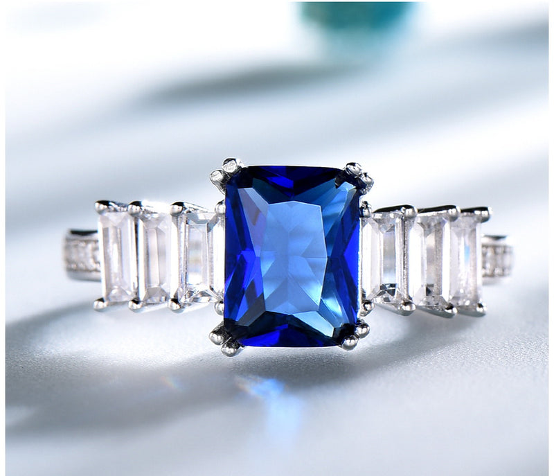 Rectangular Sapphire Blue Cubic Zirconia Three Side Stones Sterling Silver Ring