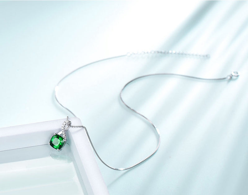 Cushion Emerald Green Cubic Zirconia Bow Pendant Necklace, Sterling Silver
