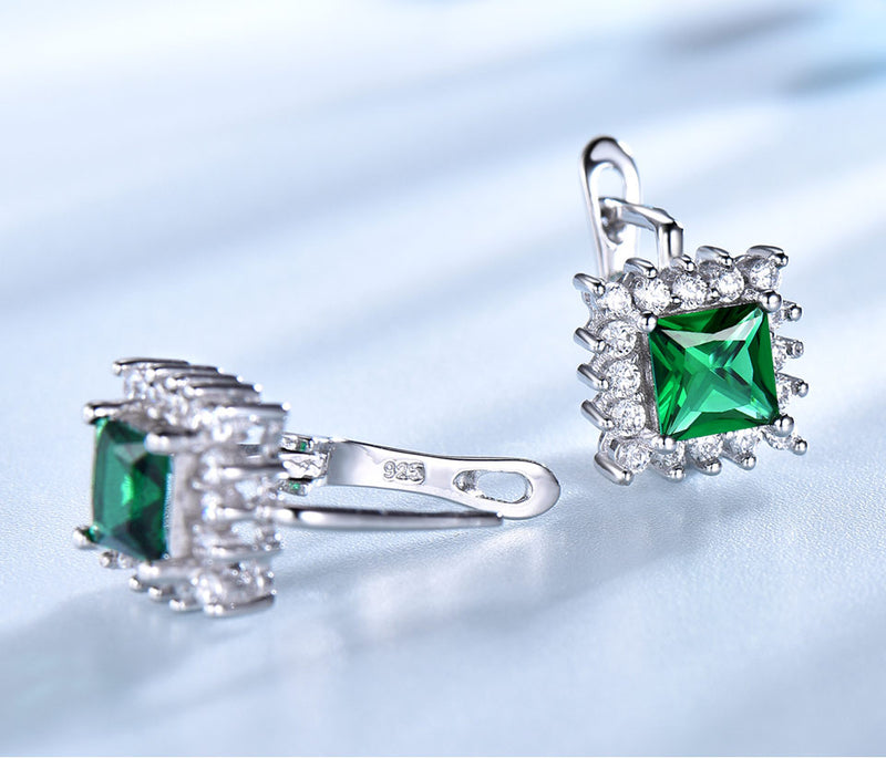 Square Emerald Green Cubic Zirconia Sterling Silver Earrings