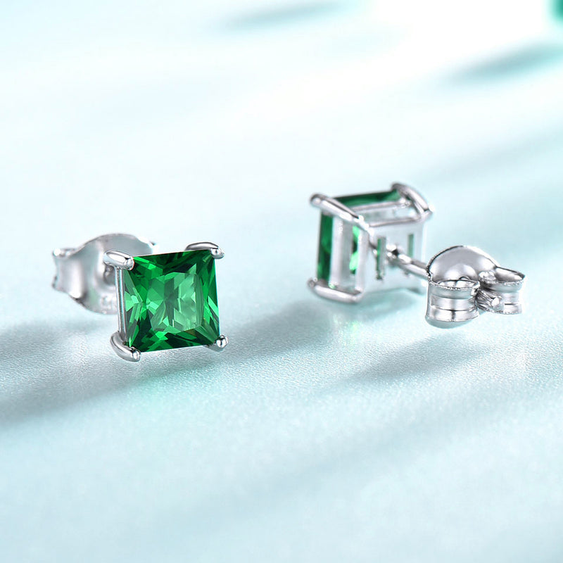 Square Emerald Green Cubic Zirconia Sterling Silver Stud Earrings