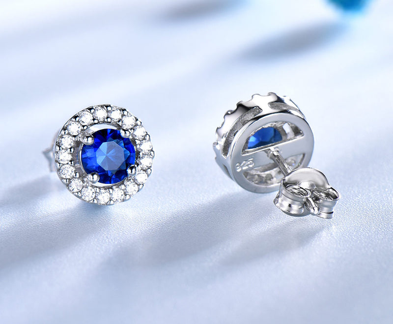 Round Sapphire Blue Cubic Zirconia Sterling Silver Earrings