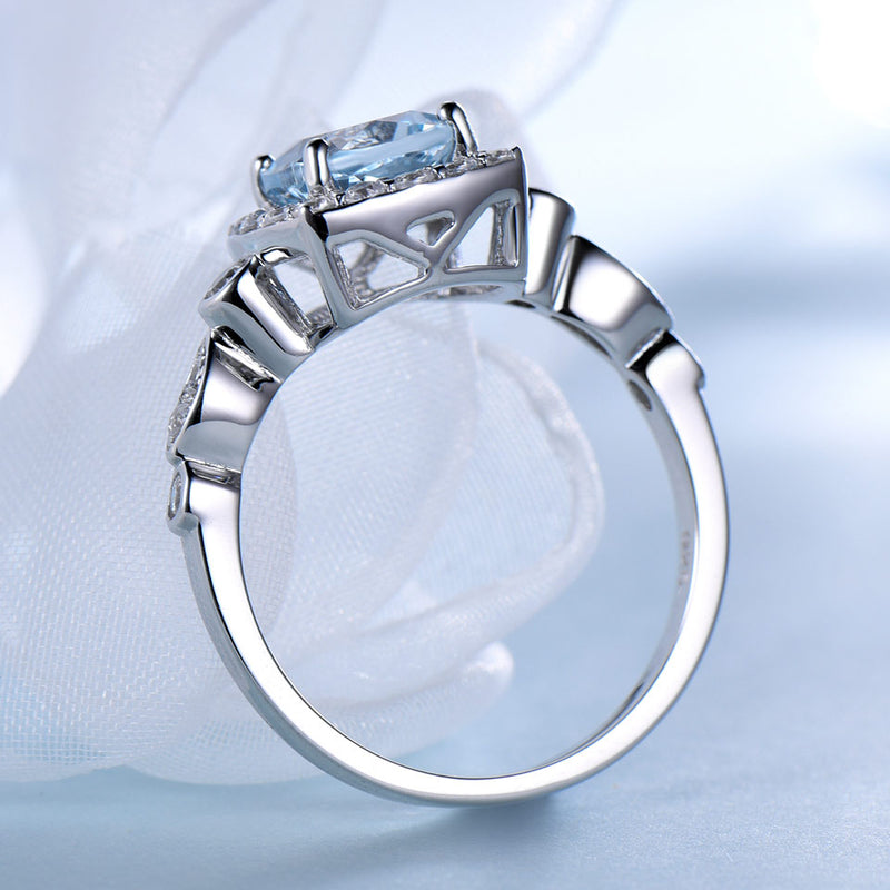 Cushion 7 x 7 Aquamarine Sky Blue Cubic Zirconia Sterling Silver Ring