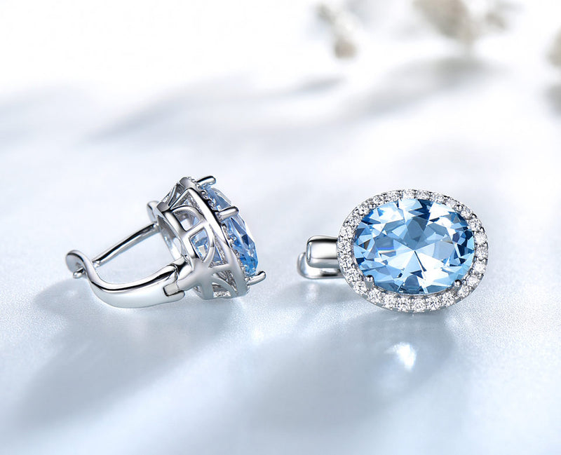 Oval Aquamarine Sky Blue Cubic Zirconia Sterling Silver Earrings