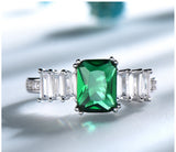 Rectangular Emerald Green Cubic Zirconia Three Side Stones Sterling Silver Ring