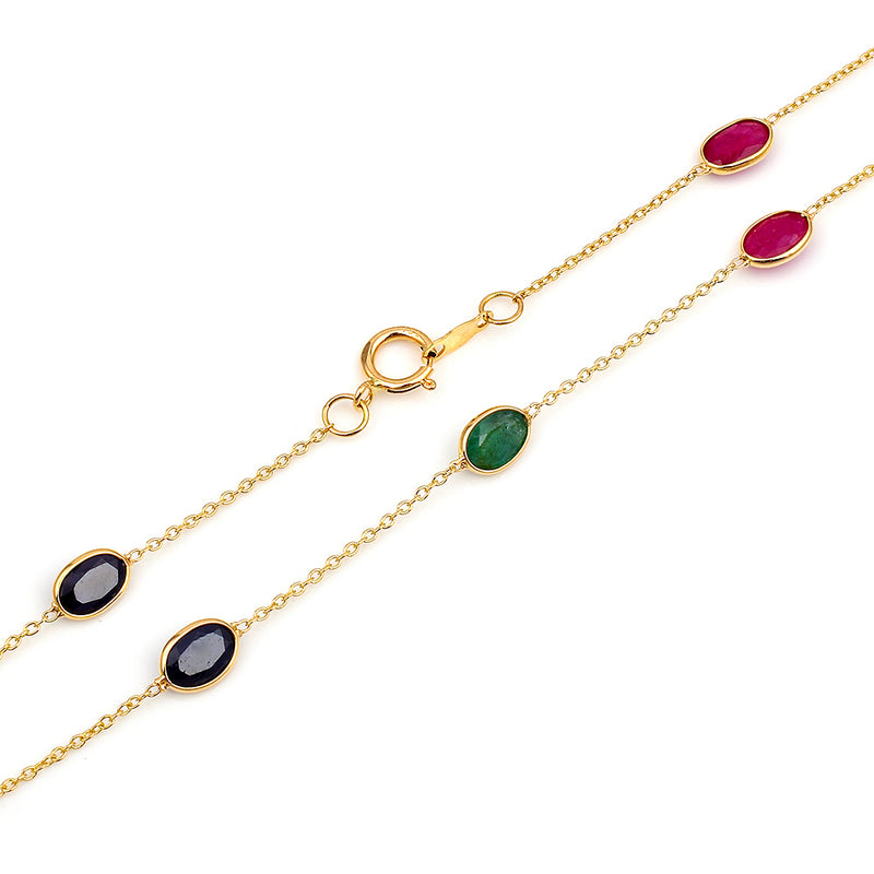 Oval Emerald, Ruby, Sapphire, 18k Yellow Gold Necklace