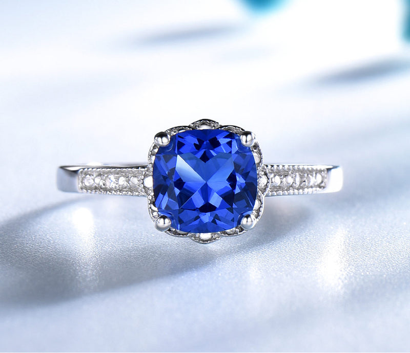 Cushion 7MM Sapphire Blue Cubic Zirconia Antique Floral Sterling Silver Ring