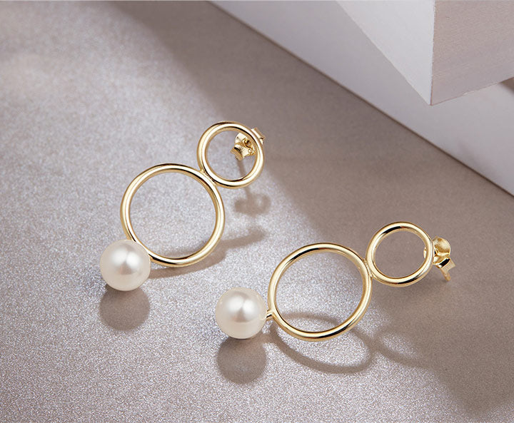 Double Hoop Round Pearl Sterling Silver Earrings