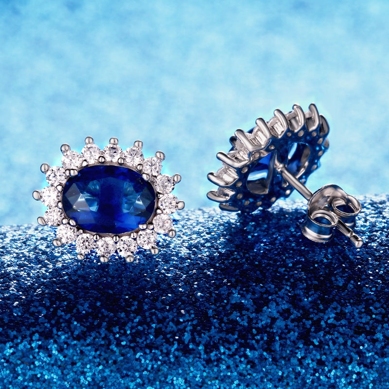 Sapphire Blue Oval Cubic Zirconia Sterling Silver Earrings