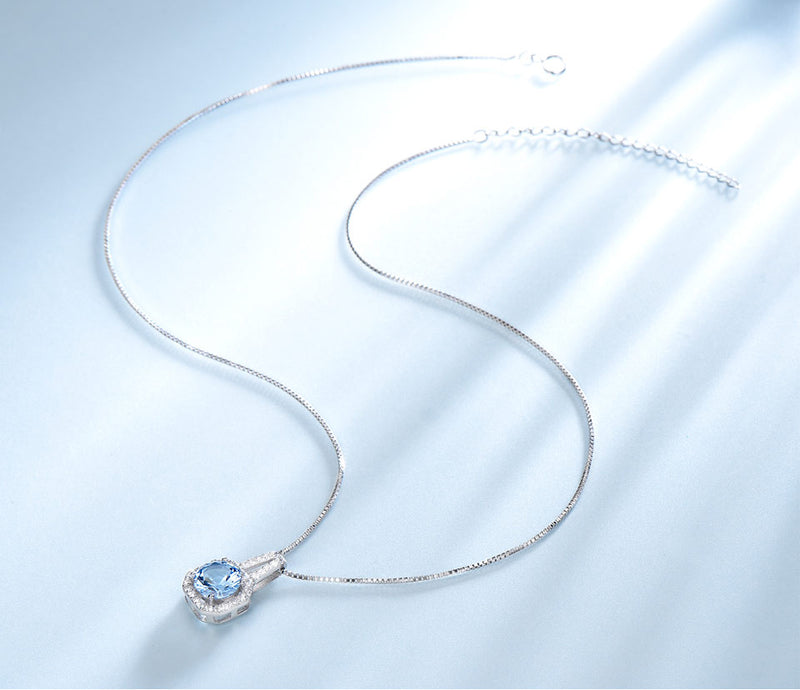 Round Lock Aquamarine Sky Blue Cubic Zirconia Pendant Necklace, Sterling Silver