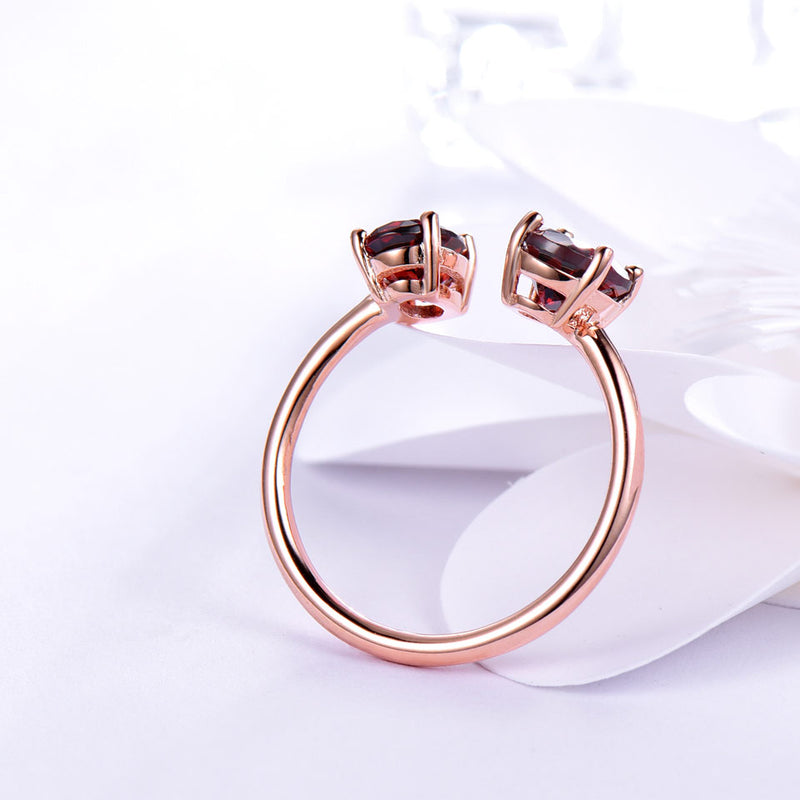 Double Oval Garnet Red Cubic Zirconia Sterling Silver Open Ring