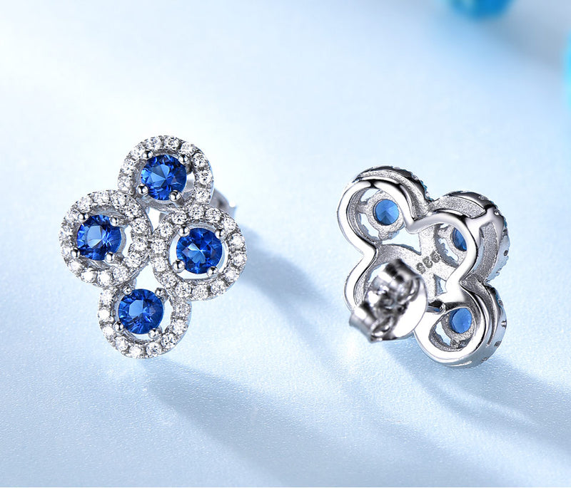 Four Round Circular Blue Sapphire Cubic Zirconia Sterling Silver Earrings
