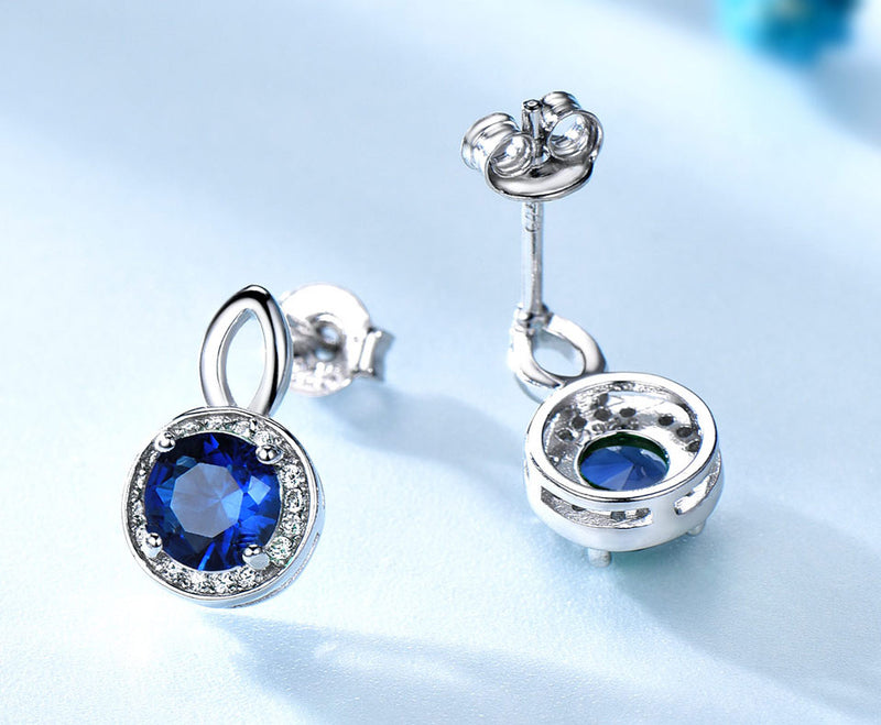 Round Sapphire Blue Cubic Zirconia with an Oval Design, Sterling Silver Earrings