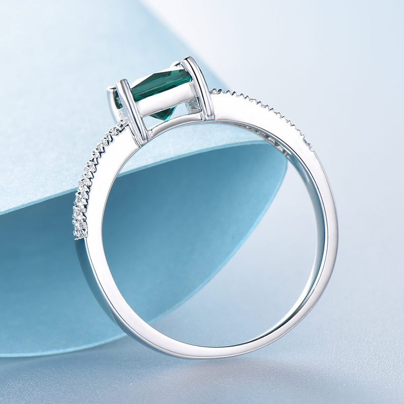 Square Emerald Green Cubic Zirconia Two Row Mounting Sterling Silver Ring
