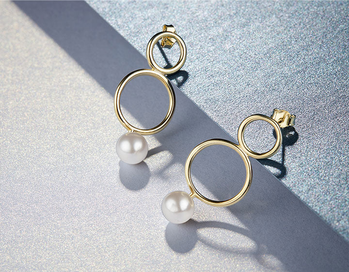 Double Hoop Round Pearl Sterling Silver Earrings
