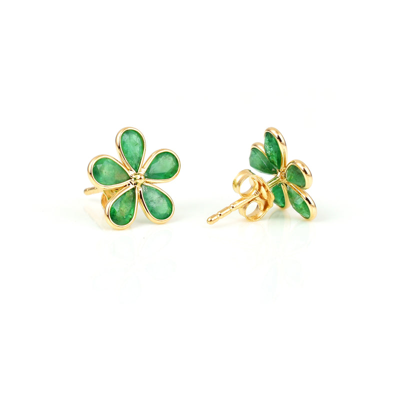 Pear Emerald Floral Earrings, 18k Yellow Gold