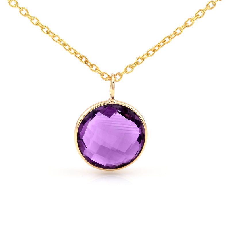 14k Yellow Gold Round Purple Amethyst Cushion Cut Pendant Necklace