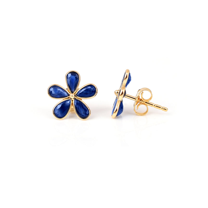 Pear Blue Sapphire Floral Earrings, 18k Yellow Gold