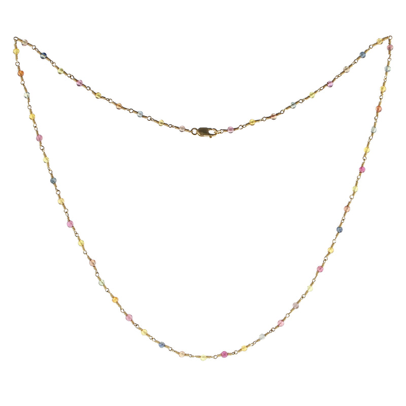 Multi-Colored Sapphire Round Beads Wire Wrap Necklace, Yellow Gold