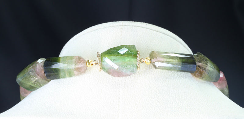 Large Faceted Rectangular Bi-Color Tourmaline Beads with a Tourmaline Clasp