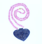 Heart-Shaped Sapphire Carving Necklace with Pink Sapphire Carved Beads, 14K