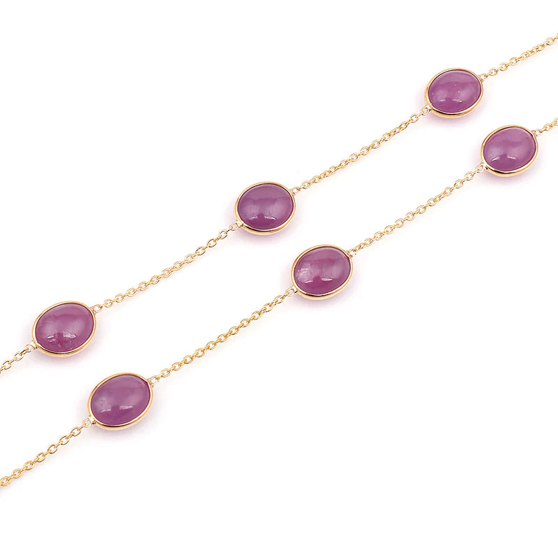 Dark Green and Red Tourmaline Cabochon Necklace, 18K Gold
