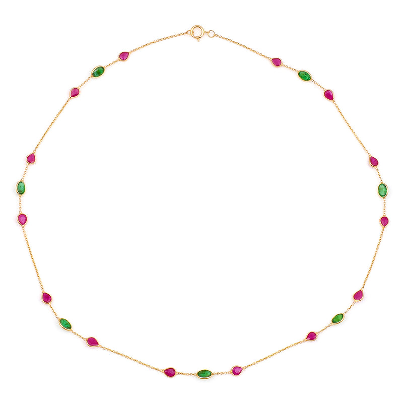 Oval and Pear Emerald, Ruby, 18k Yellow Gold Necklace