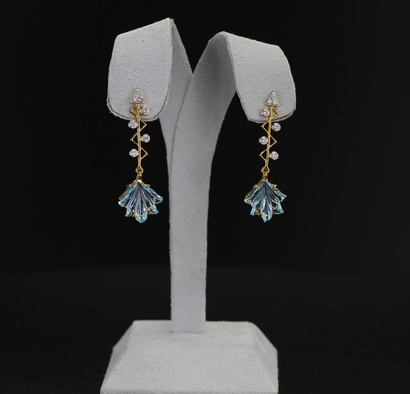 Cupid's Arrow Leaf Carved Blue Topaz Earrings with Diamonds, 14K Yellow Gold