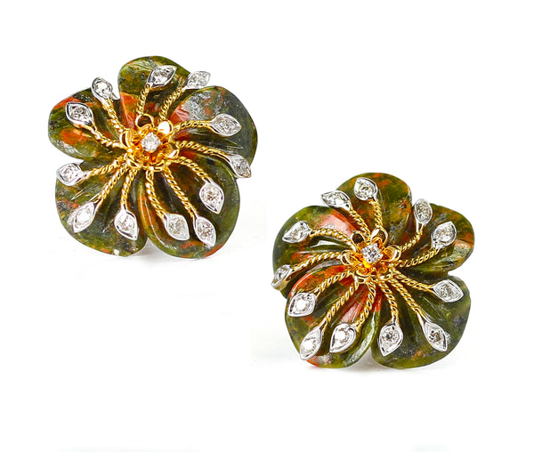 Carved Unakite Green and Orange Tone Earrings with Diamonds, 14K Gold